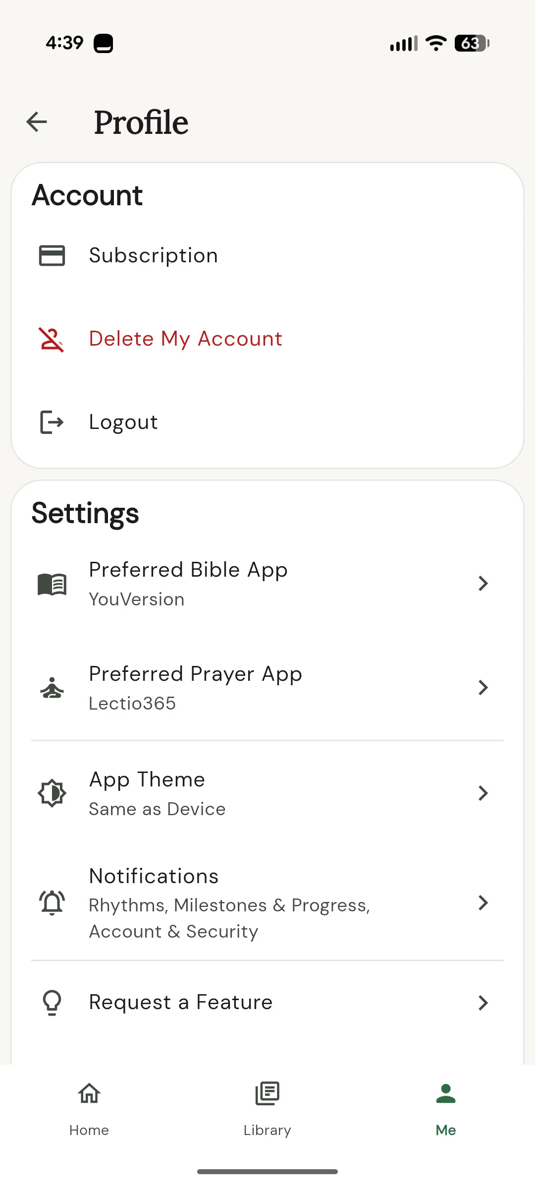 Nephesh Discipleship profile screen with delete account controls and connected app settings