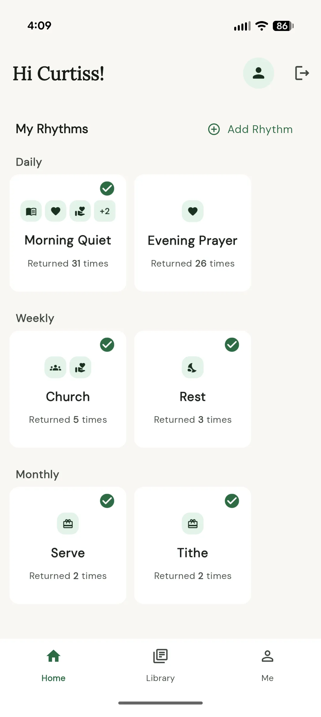 Nephesh Discipleship rhythms screenshot showing daily, weekly, monthly tracking and a grace day remaining