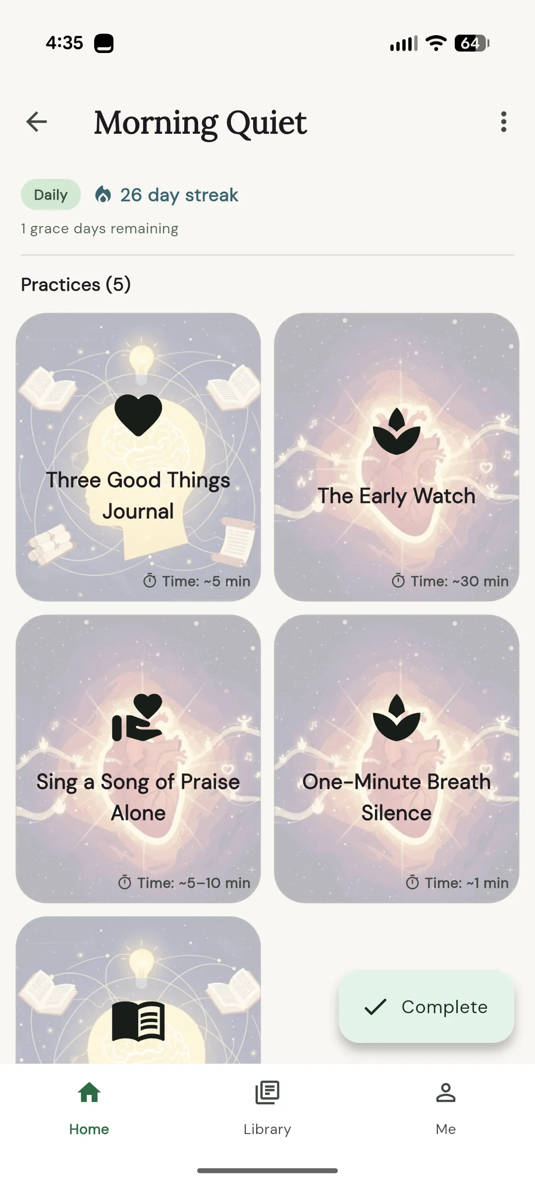 Nephesh Discipleship rhythm detail screen showing a library of guided spiritual practices